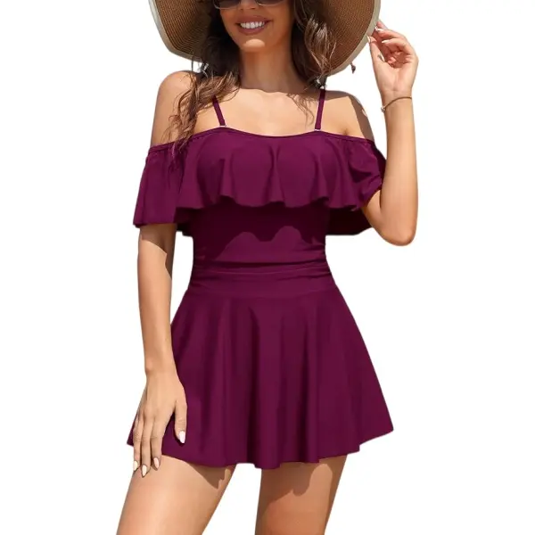 Women's Off-Shoulder Ruffled Flounce Swim Skirt Ruched One Piece Swimdress with Adjustable Straps & Shirring Detailing for Water Activities
