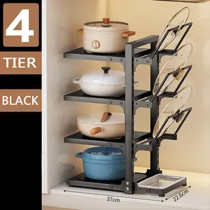Pots and Pans Organizer Under Cabinet Heavy Duty 4 Tier Adjustable Layered Storage Rack Black for Cabinet & Counter