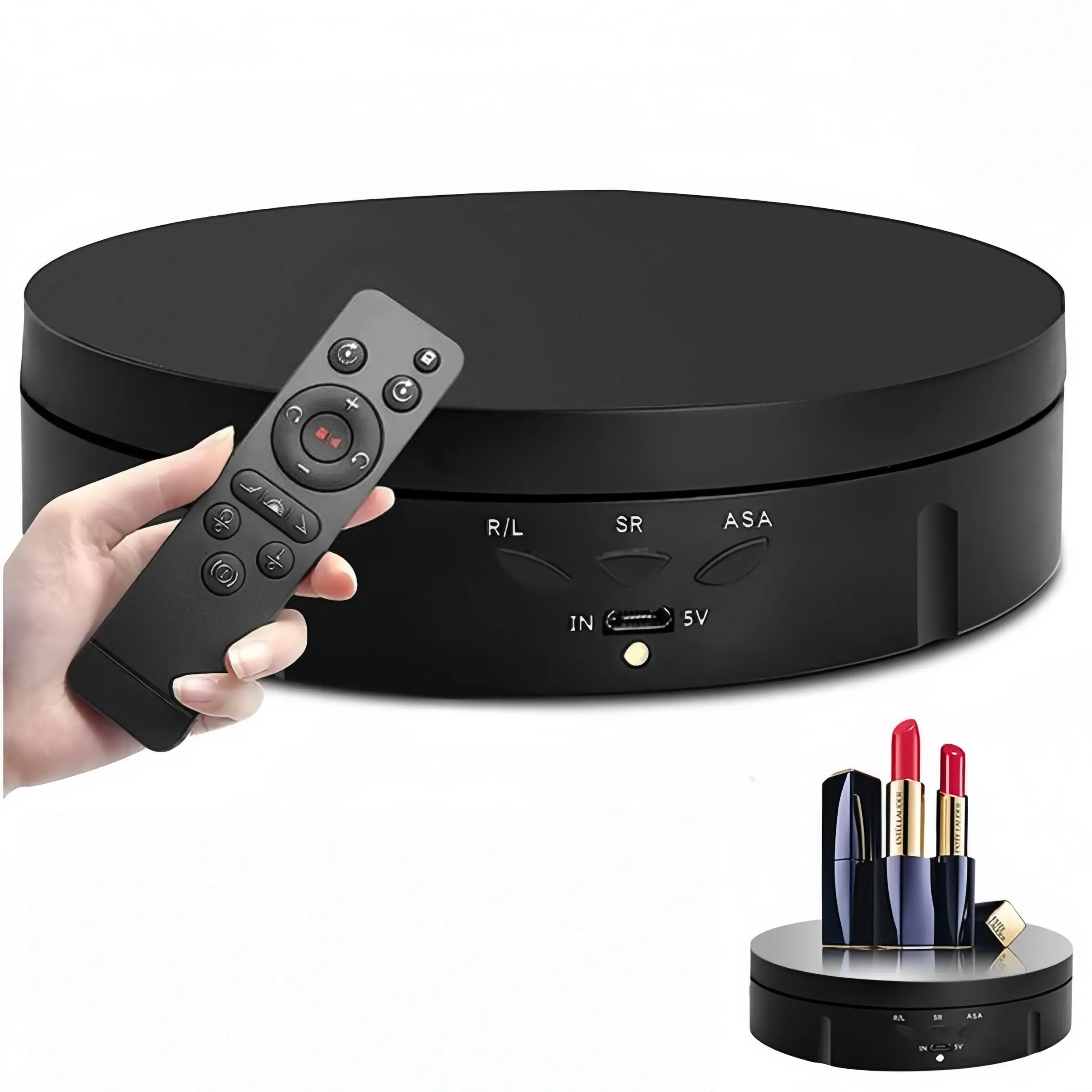 Motorized 360° Rotating Display Stand with Remote Control - Ultra-Quiet Motor, 10kg Load Capacity, Matte Finish, Round Base, Display Support, 1 Connection Cable, Window Use, 1 User Manual (Black/White) for Photographers, R/L And Sr Options, Indoor, Advert
