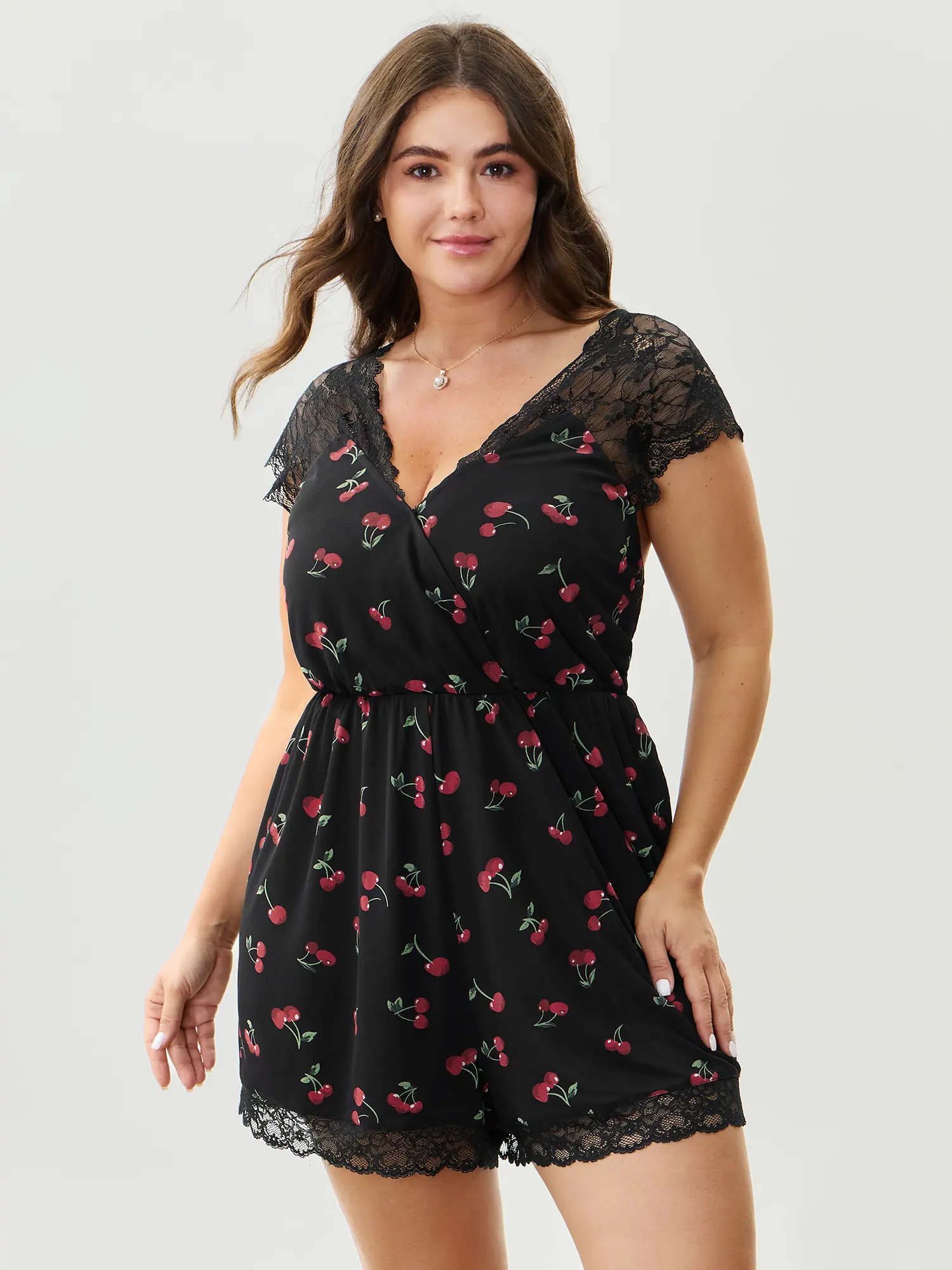 BloomChic Women's Tunic-Length Romper, Romantic Cherry Print, V-Neck, Lace Cap Sleeves, Regular Fit Regular Size, Polyester-Spandex Fabric, Gathered Detail, Pocket, Low Iron