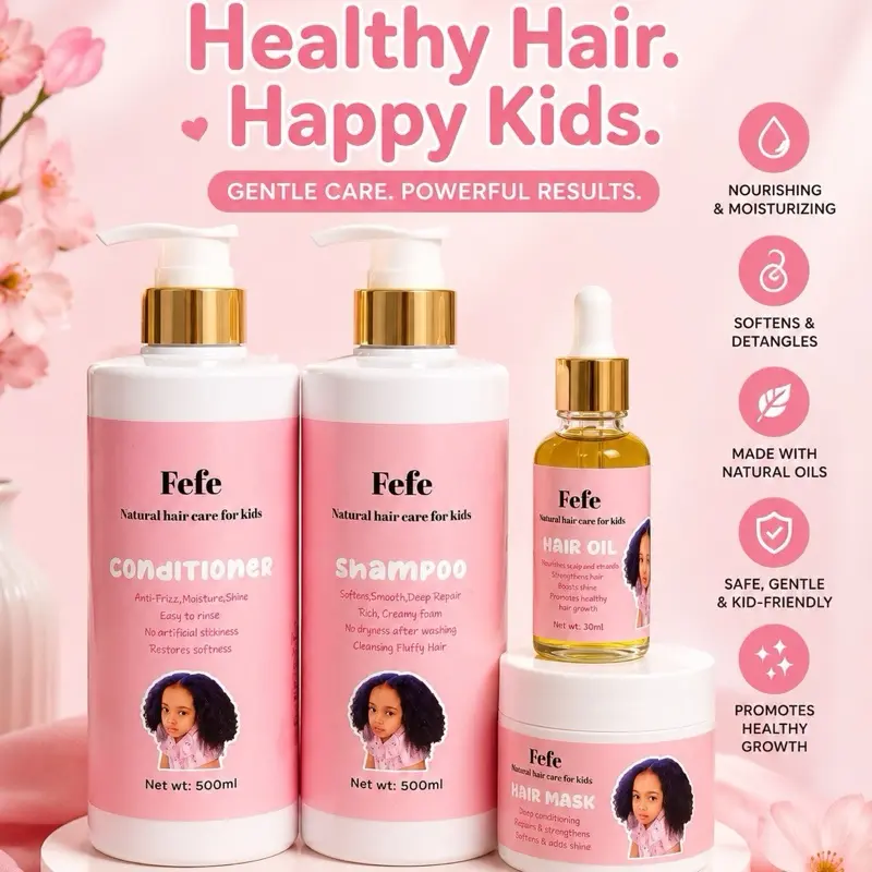 Fefe Kids Natural 4-Piece Hair Care Kit - Shampoo, Conditioner, Oil & Mask for Gentle Children's Hair Needs