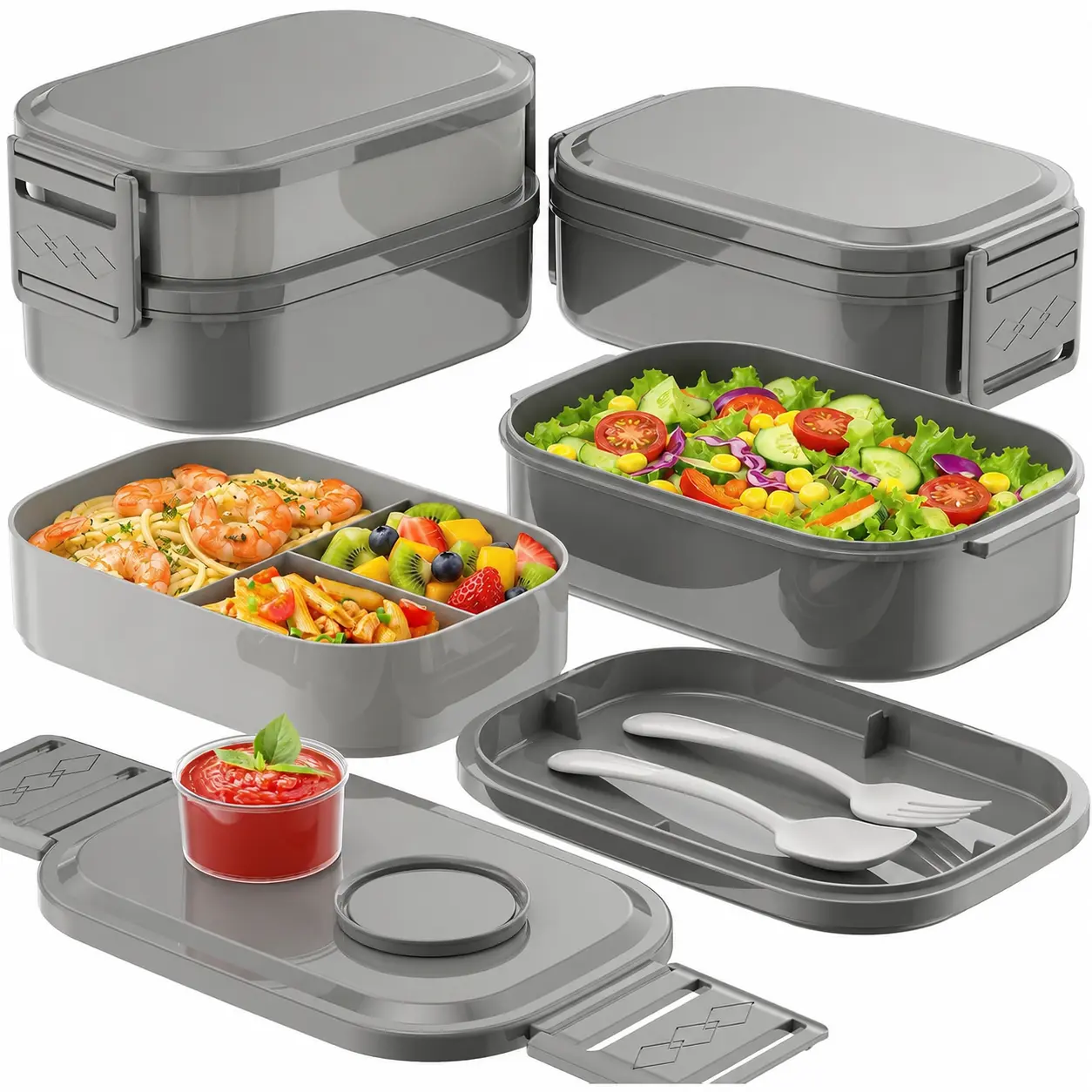 65 oz Adult Bento Lunch Box, Adjustable 2 or 3 Tier Stackable Leakproof Lunch Container with Utensils for Work, School and Meal Prep