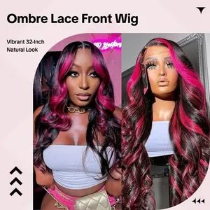 36 Inch Ombre Lace Front Wig Human Hair 13x6 1B/Pink 180% Density Highlight Wig Human Hair HD Body Wave Lace Frontal Pink And Black Colored Glueless Wigs Human Hair