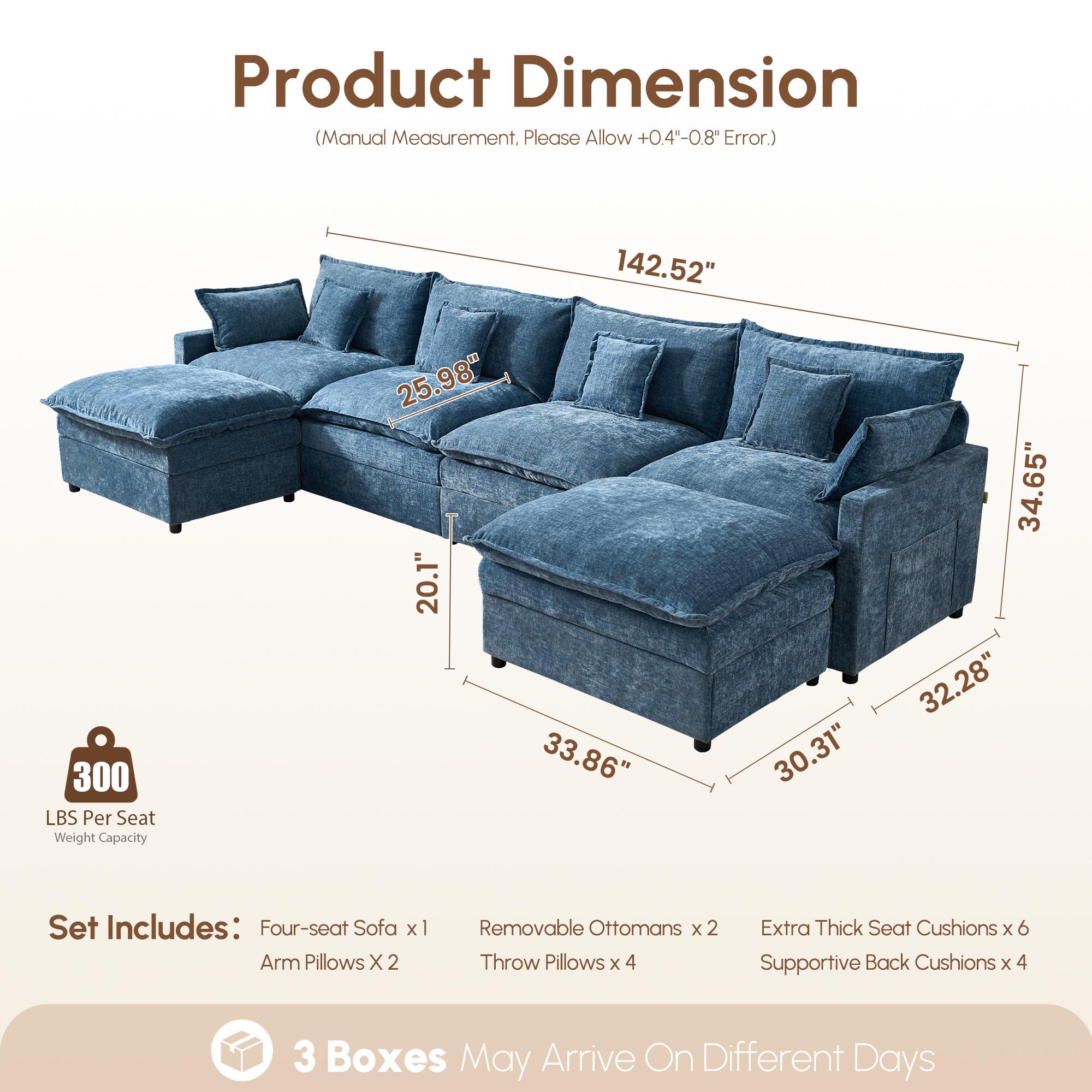 【2/3 Packages Shipping】Ovios 143" U-Shaped Modular Sectional Sofa with 2 Ottomans, Comfy Chenille Cloud Couch, Deep Seat Sofa Bed with 5 Pillows for Living Room, Bedroom & Apartment