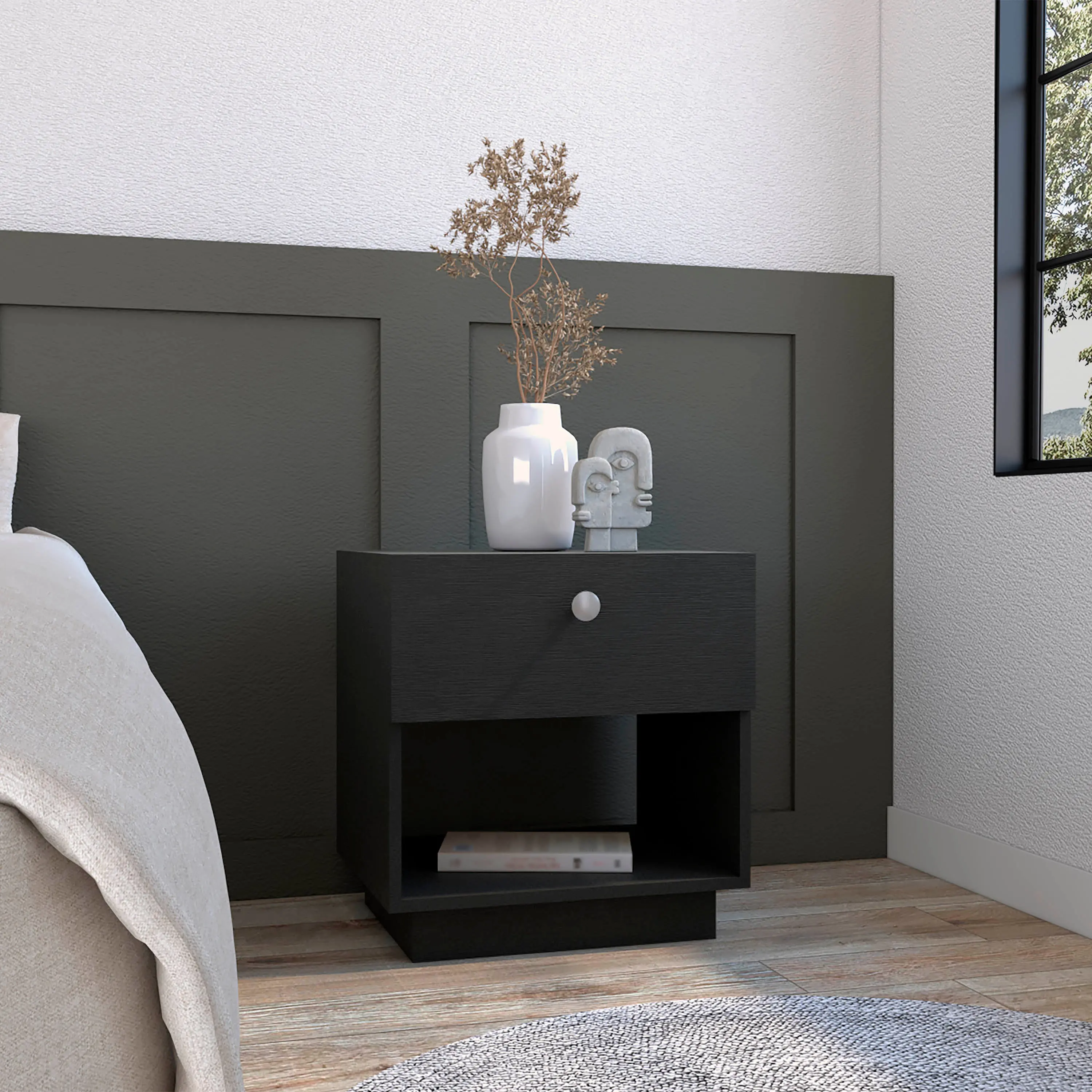 Dreamzon Furniture Modern Single Drawer Nightstand - 19"H Indoor Cabinet with Open Storage Shelf, Black