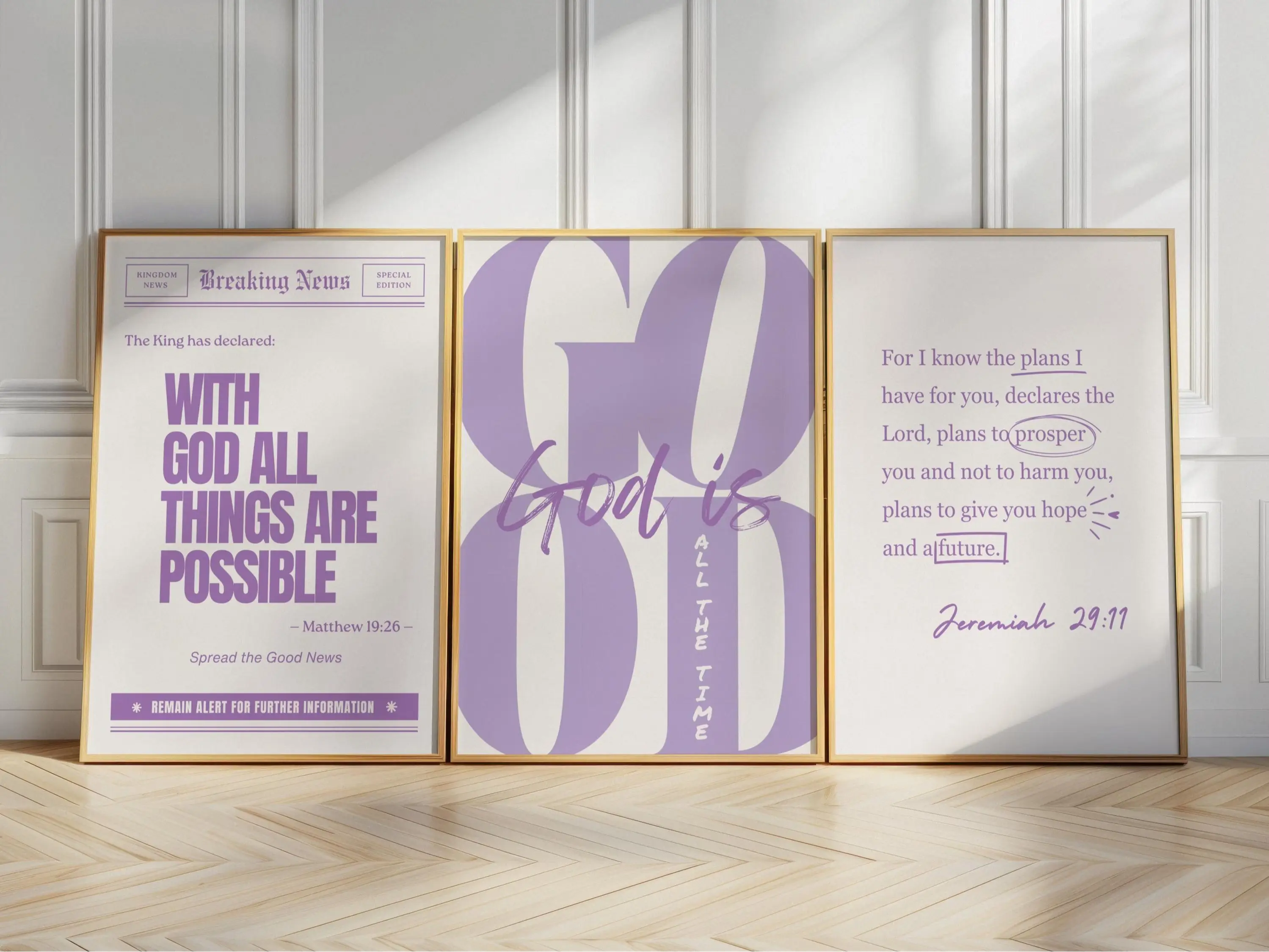 Set of 3 Purple Girly Christian Set of 3 poster Unframed  Lavender God is Good All The Time Print Jeremiah 29 11 Wall Art With God all Things Are Possible
