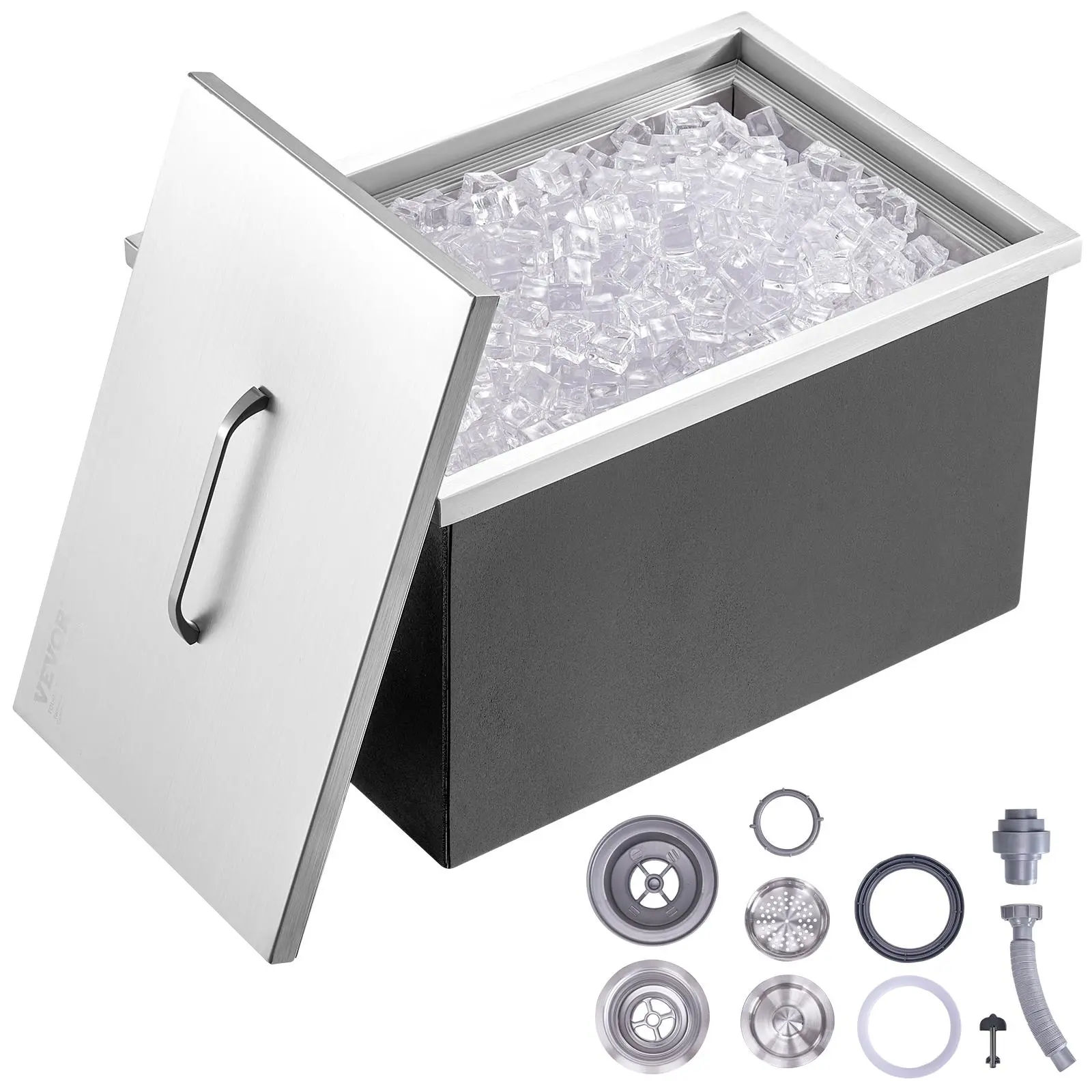VEVOR Drop-in Stainless Steel Ice Chest, 40 Qt 22"L x 17"W x 12"H Commercial Bin with Cover, Drain-Pipe & Drain Plug, Kitchenware Bar Utensils for Indoor Home Bar Accessories, Cold Beverage Ice Cubes