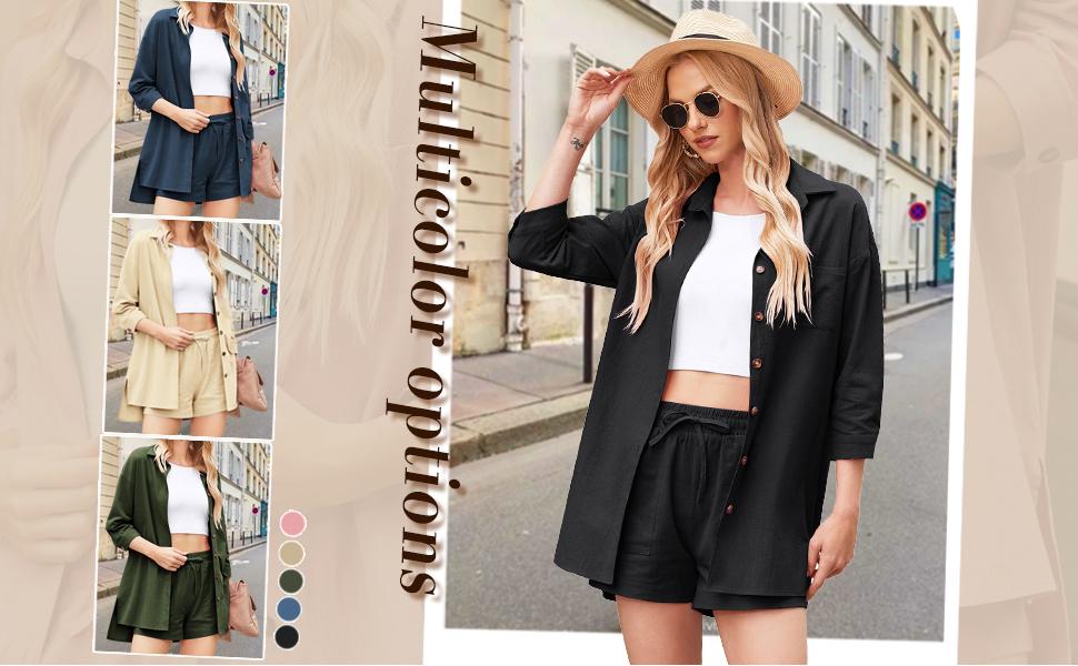 Highland.fashion Selection Live Zeagoo Women’s 2 Piece Lounge Tracksuit Outfit Sets 2025 New Linen High Low Shirt and Drawstring Casual Shorts New Summer Clothes Chic