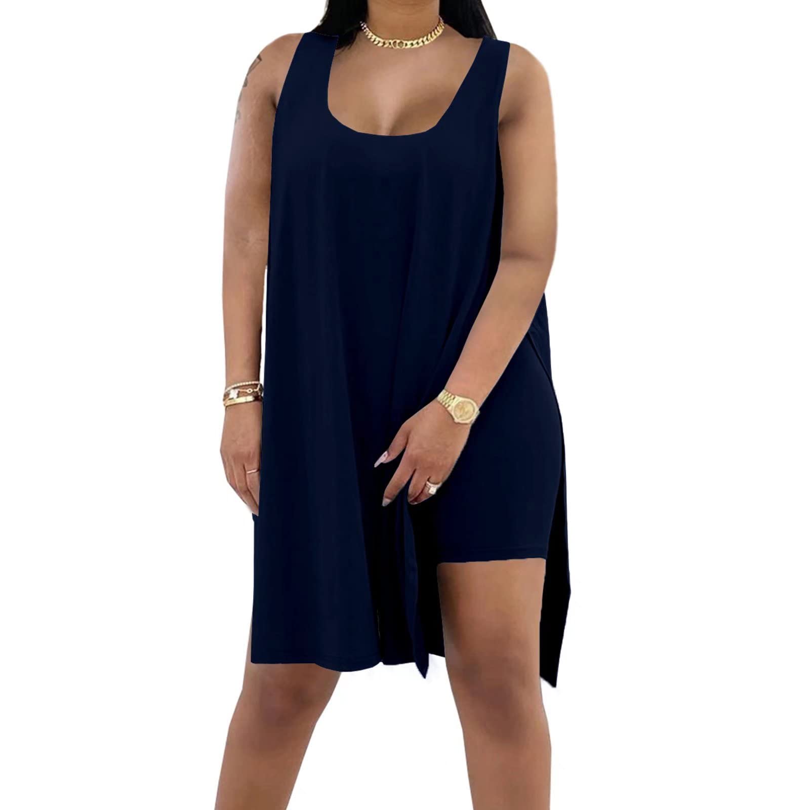 Women's Plus Size 2 Piece Outfits Sleeveless Tunic Tops and Bodycon Biker Shorts Sets Tracksuits Womenswear Casual Clothing Garment