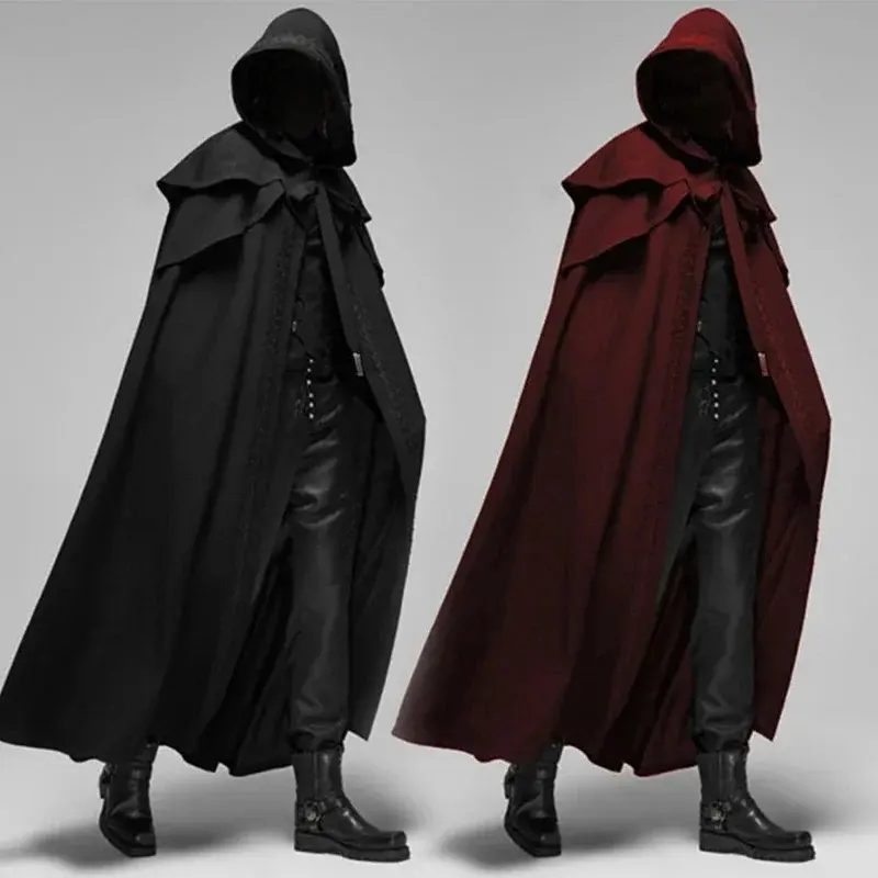 Medieval Vintage Hooded Loose Black Cloak Coats Windproof Trench Chic Winter Long Cape Poncho Mens Monk Cosplay