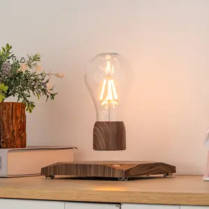 Magnetic Levitating Light Bulb Lamp ABS Wood Base Warm LED Night Light for Bedroom Unique Home Office Desk Decor Perfect for Valentine's Day Birthday