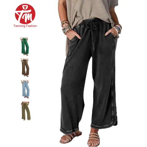 Tanming Womens Vintage Washed Straight Leg Pants Drawstring High Waisted Sweatpants with Pockets Spring Summer Fall Winter Outdoor Travel Streetwear Casual Daily Lounge Wear