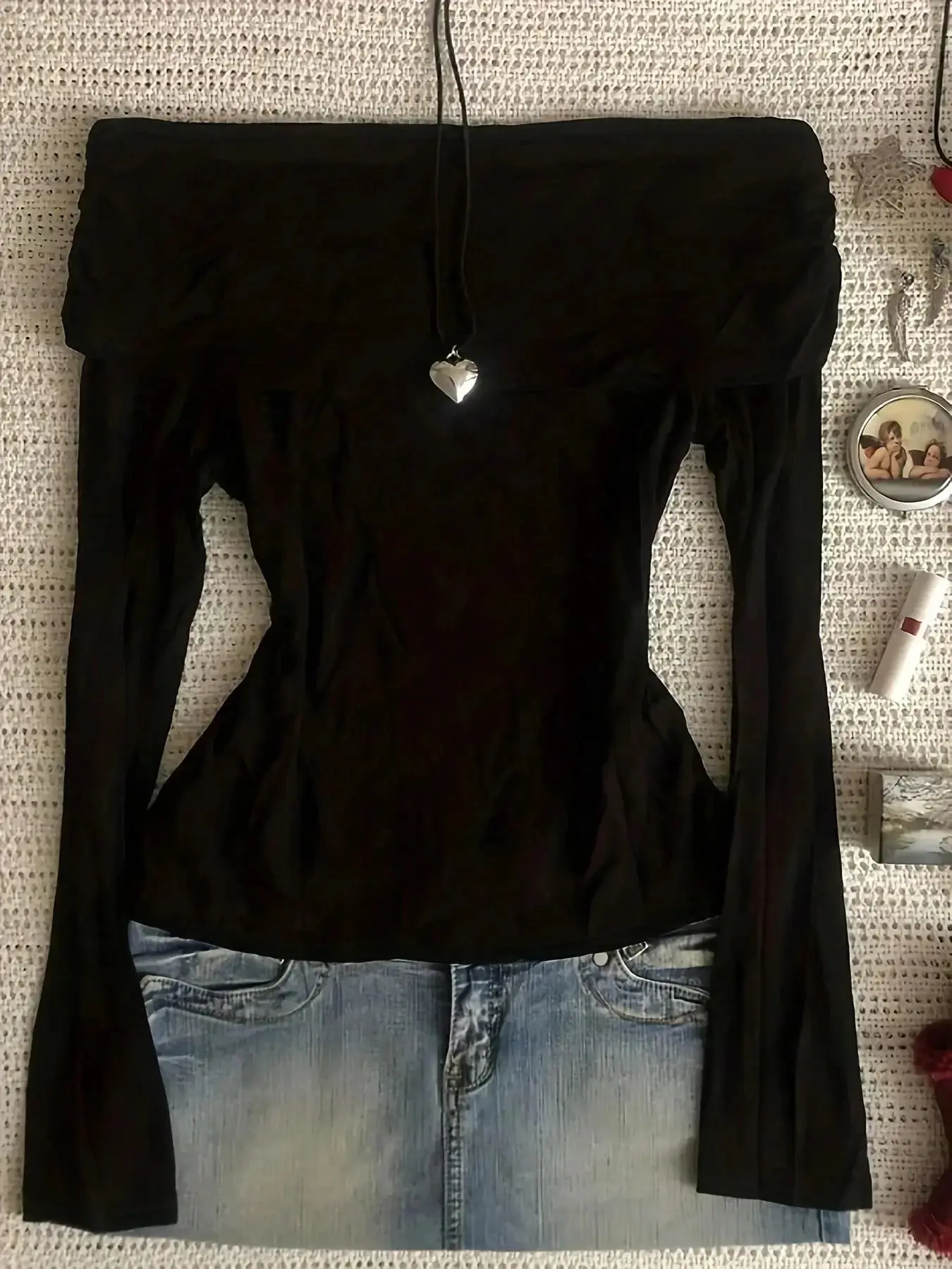 Women's Casual Knitted Shoulderless Long Sleeve Top, Slim-Fitting Plain Design, Perfect for Vacation and Commuting, Fall & Winter Fashion