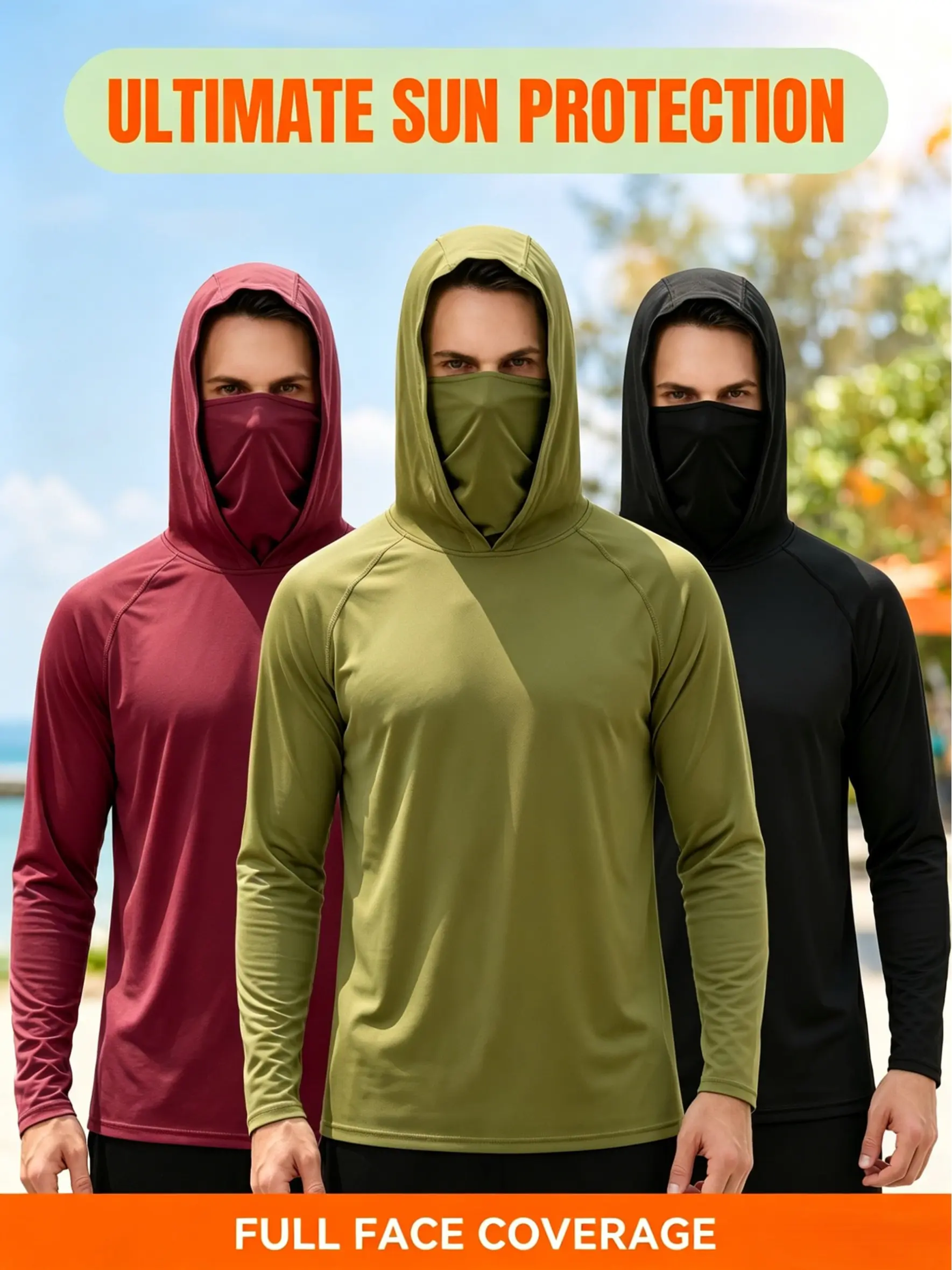 3-Piece Set  Men's Hooded Sun Protection Sweatshirt, Ideal for Fishing, Cycling, and Hiking, Full Coverage,summerwins summerwins,travel essentials,camping essentials