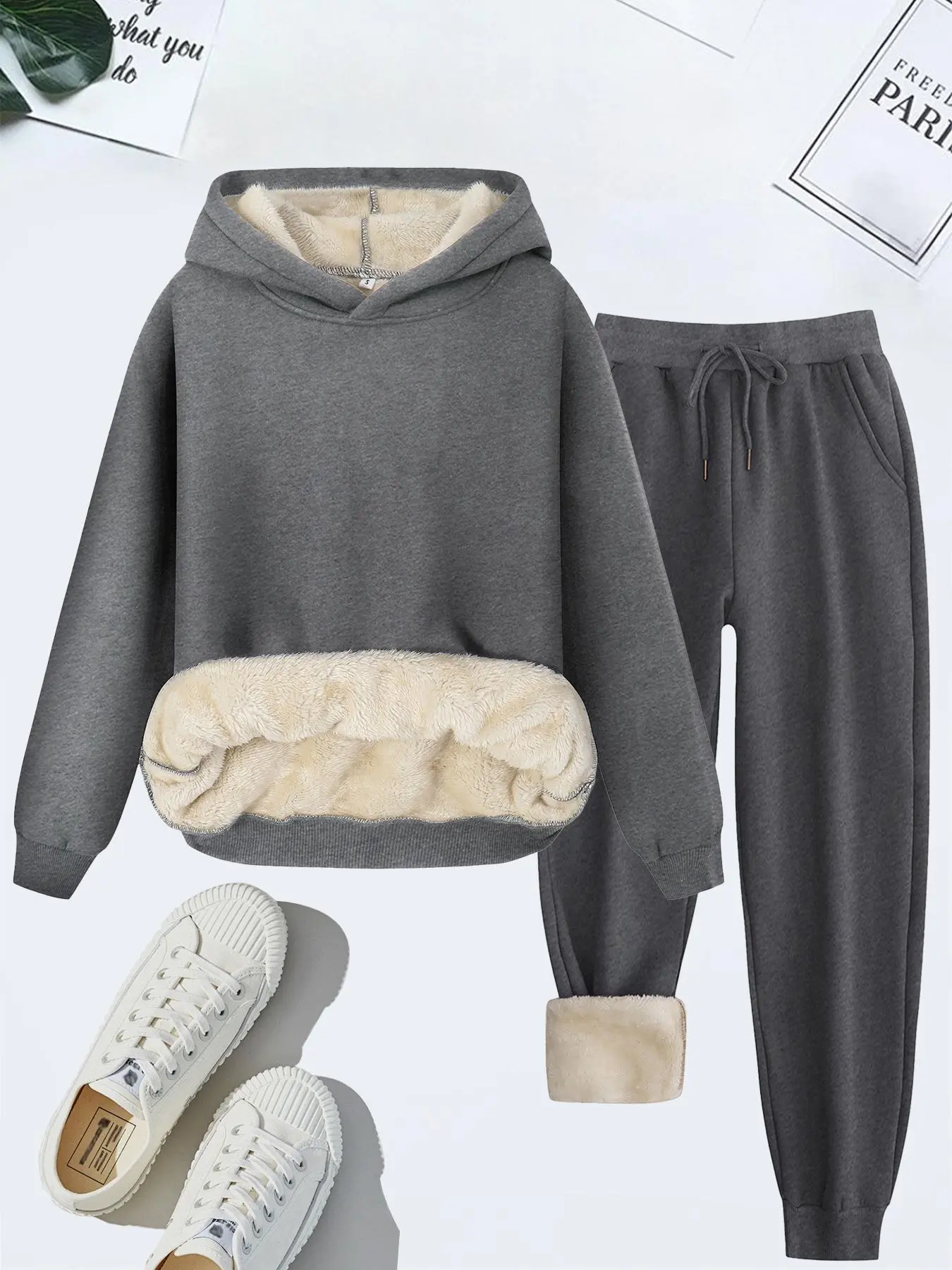 Women's Thermal Lined Solid Color Hoodie & Drawstring Waist Pants Two-Piece Boxy Set, Cozy Lounge Set, Casual Basic Long Sleeve Hooded Sweatshirt & Pocket Trousers for Fall & Winter, Women's Clothes for Daily Wear, Womenswear