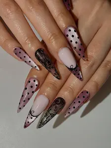 Pink Polka Dot Coquette Press On Nails | Lace Stiletto Nails | Romantic Vintage Nail Set | Bow Accent Nails | Handmade Press Ons