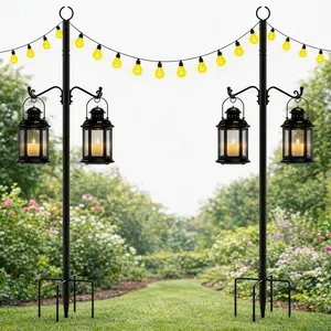 2pcs 10ft Metal Light Pole With Shepherd Hooks For Hanging Outdoor Light Strings | RV Accessories, Suitable For RVs, Outdoor Gardens, Yards, Weddings, Backyards, Decks, Parties