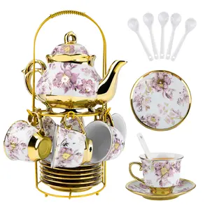 20 Pcs Porcelain Tea Set with Metal Holder, European Ceramic Tea Set for Adults, Adult Tea Set Gift, Flower Tea Cup Saucer Set for Party With Gold Flower Painting (Elegant Purple/500ml)