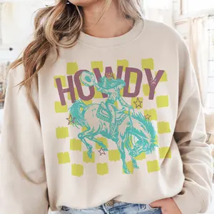 Vintage Western Sweatshirt Retro Boho HOWDY Checkerboard Pullover Bronco Cowgirl Rodeo Graphic Sweater Checkered Cowboy Top Womens Casual Sublimation Crewneck