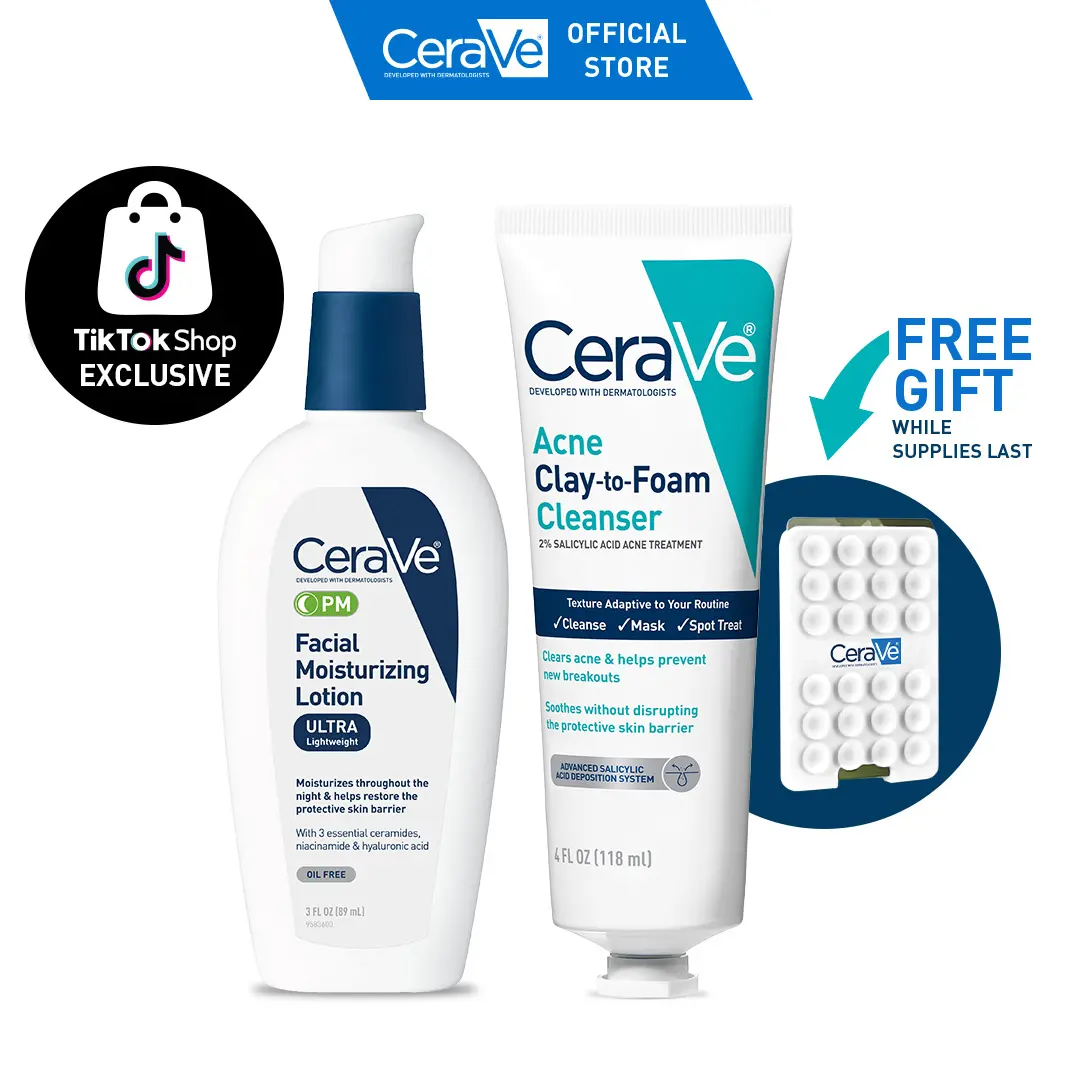 CeraVe Acne Clay To Foam Cleanser 4oz + PM Lotion Bundle