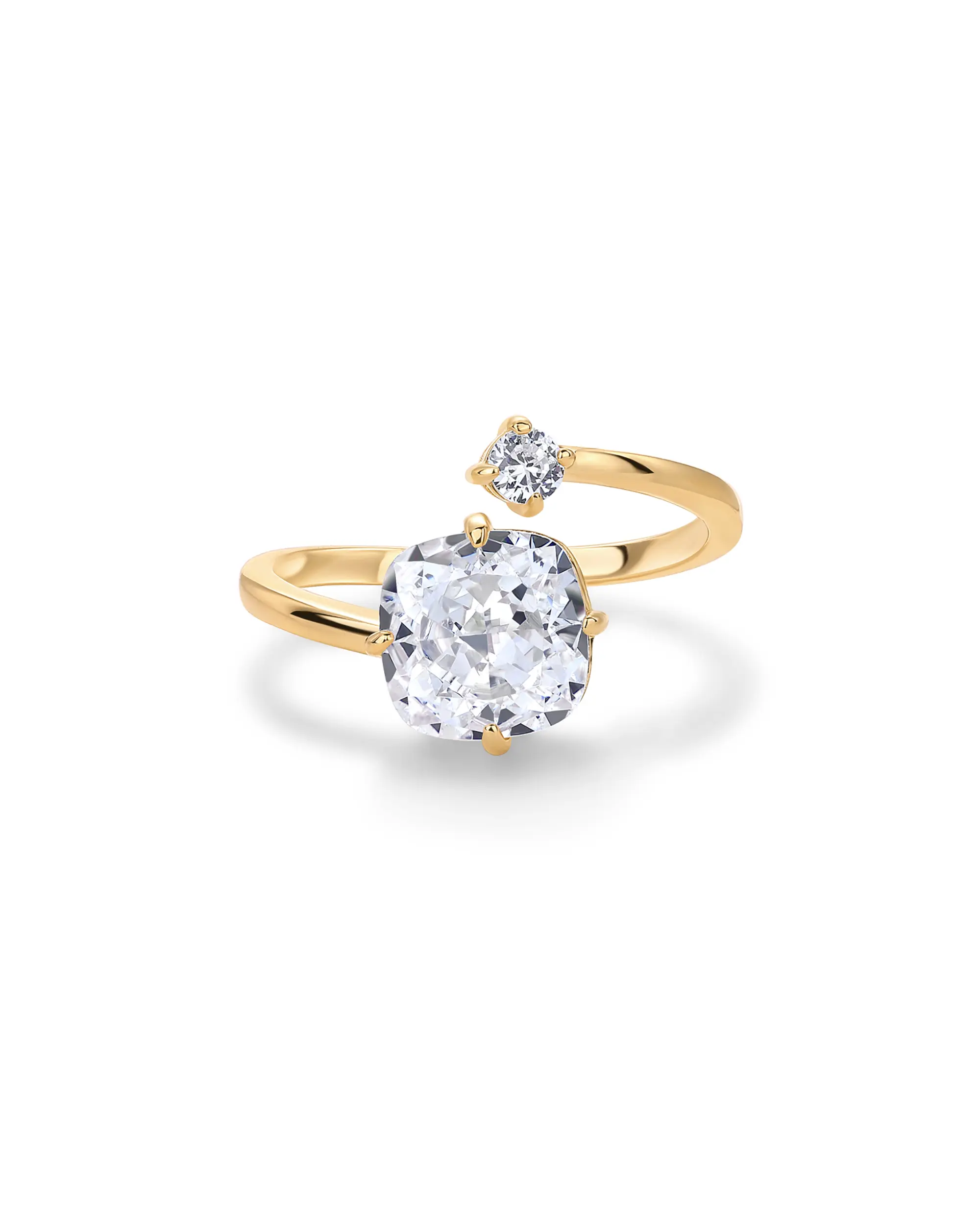 PAVOI 14K Gold Plated Toi Et Moi 3CT Engagement Ring for Women - Wraparound Promise Ring with Cushion Cut Cubic Zirconia - Bridal Wedding Band for Women