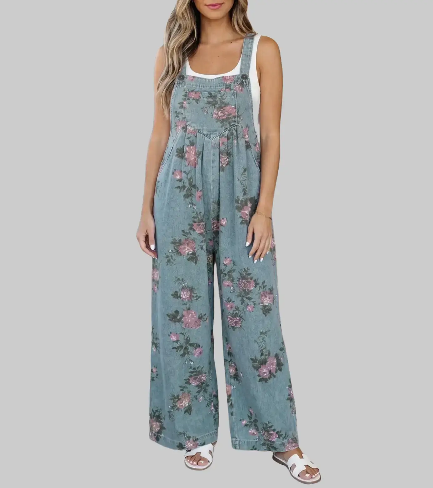 Women's Vintage Floral Print Denim Overalls - Sleeveless Cut Keeps Arms Free, Pleated Wide Leg, Adjustable Straps, Button Closure, Comfortable Breathable Polyester, Cute, Below the Ankle