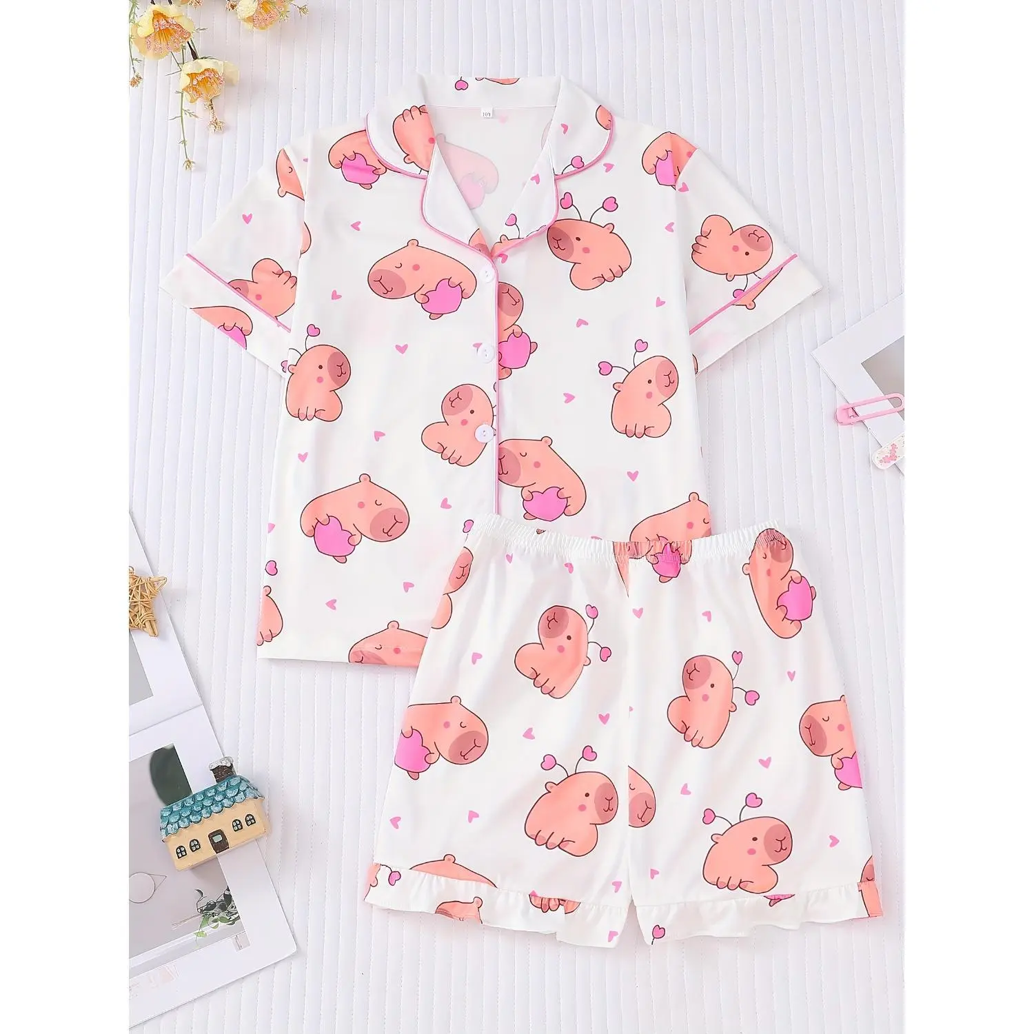 Tanyun Girls' Flame Retardant Short-Sleeve Pajama Set - Spring Collarless Cardigan with Piglet Print, Medium & Large Sizes, Cartoon Homewear for Kids