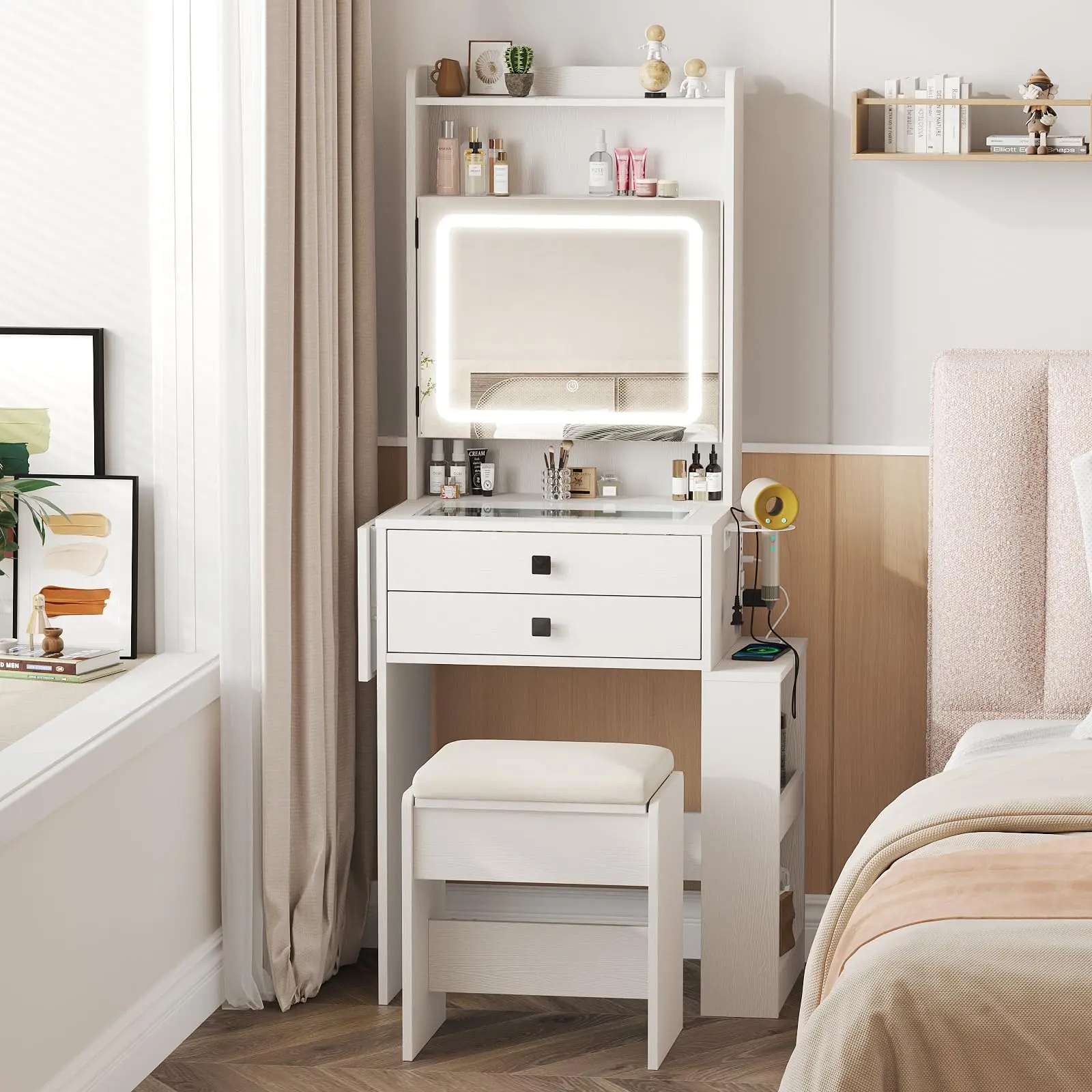 [tiktokshopbacktoschool] Vabches Aesthetic Small Makeup Vanity Desk Furniture - 3 Adjustable Lighted Mirror, Fold-up Panel, Charging Station, Glass Top, Drawers, Chair, 2 Hidden Storage Shelves for Interior Organizing & Design