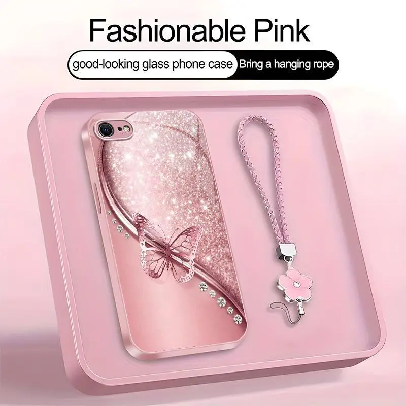 Suitable for [iPhone Se 2] high-end women's phone case🤩，a free four-leaf clover ，the pattern is printed, not glitter simple printed butterfly design is included,drop-resistant and fingerprint-proof YM99