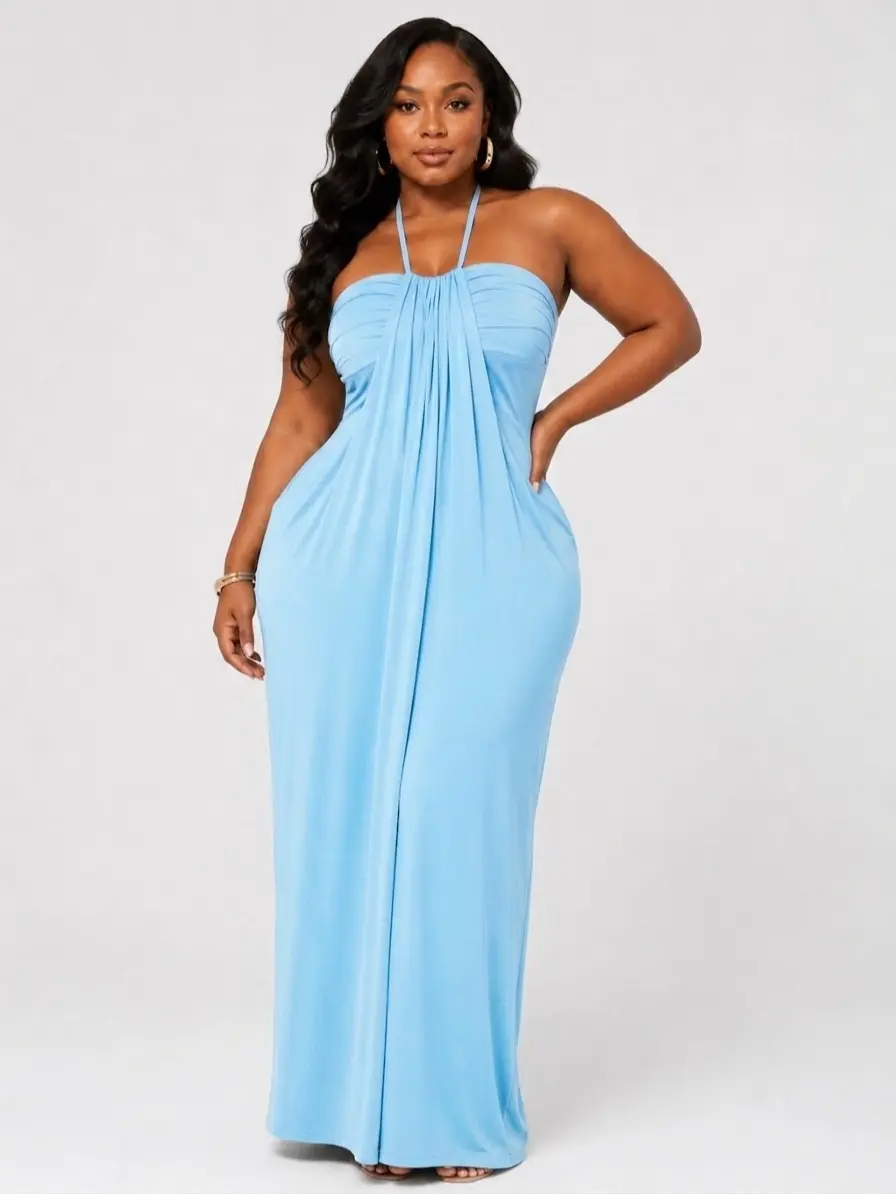 Sculpt Touch Women's Halter Maxi Dress Sleeveless Backless Ruched Flowy Long Dress Casual Summer Beach Vacation Dress