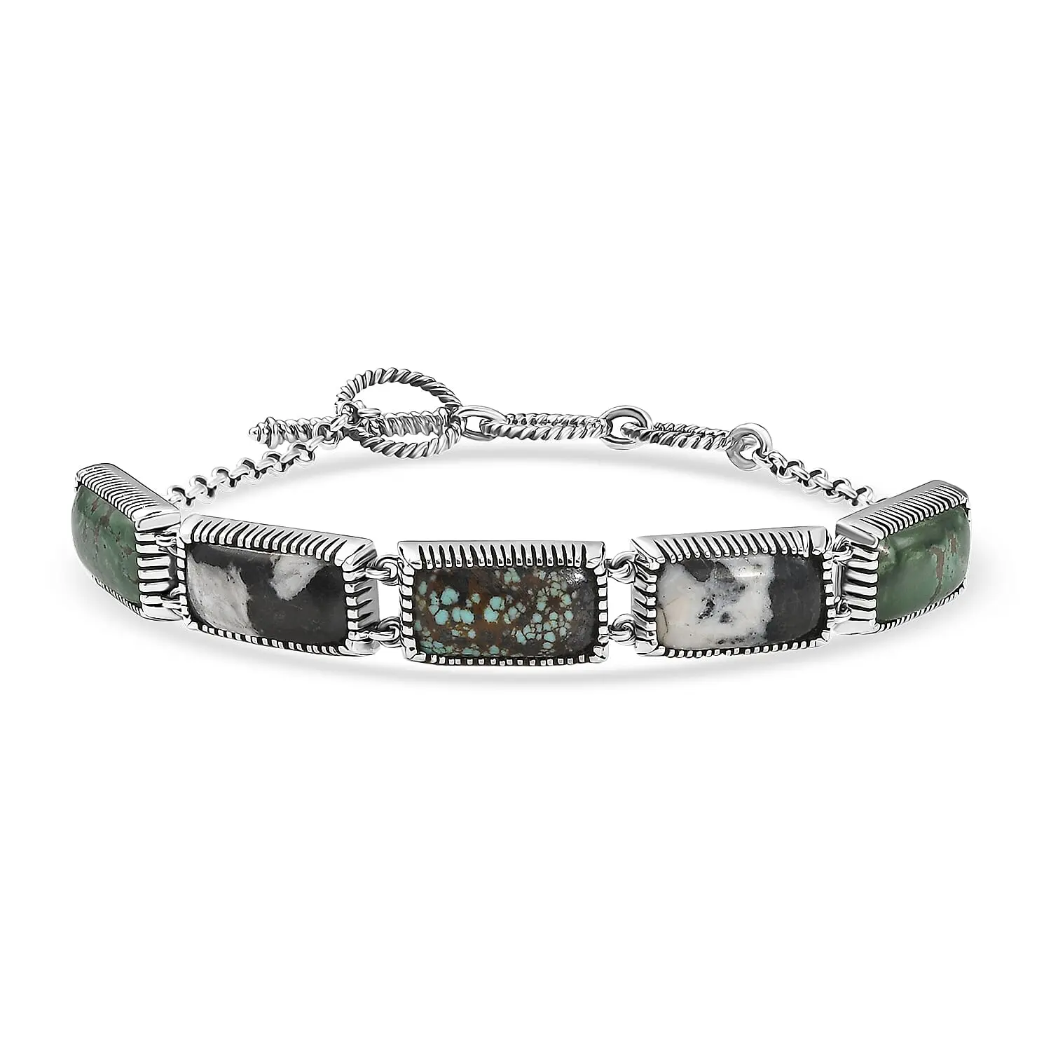 D'Joy Artisan Crafted Tahoe Nevada Turquoise, White Buffalo and Blue Moon Turquoise 20.40 ctw Bracelet in Sterling Silver (7.25 In)