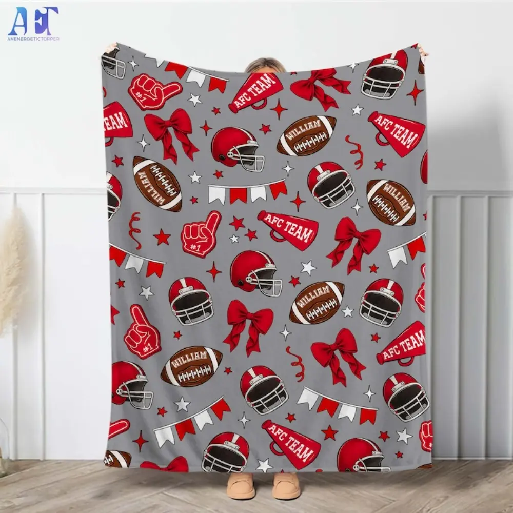 Personalized Football Sherpa Fleece Blanket - Custom Name, Custom Team, Lightweight Flannel, Soft Fluffy, Warm Napping, Wrinkle Resistant Throw Blanket, Lightweight Flannel Blanket