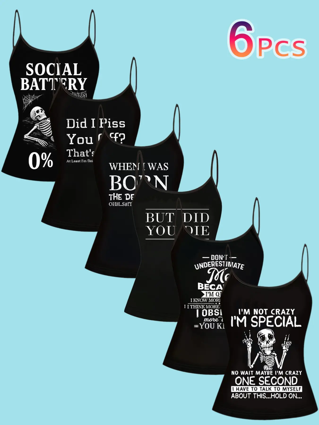 6 Piece Set Sarcastic Gothic Fitted Tank Tops, Sleeveless Spaghetti Strap Skeleton Print Dark Fun Casual Vacation Home Wear, Anti-Social Slogan Clothing Womenswear