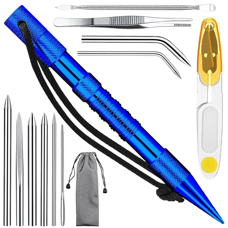 12-Piece Paracord Fid Craft Supplies Set - Stainless Steel Knotter Tools, Marlinspike, Lacing Needles, Smoothing Tool for Leather, Paracord Work (Dark Blue)