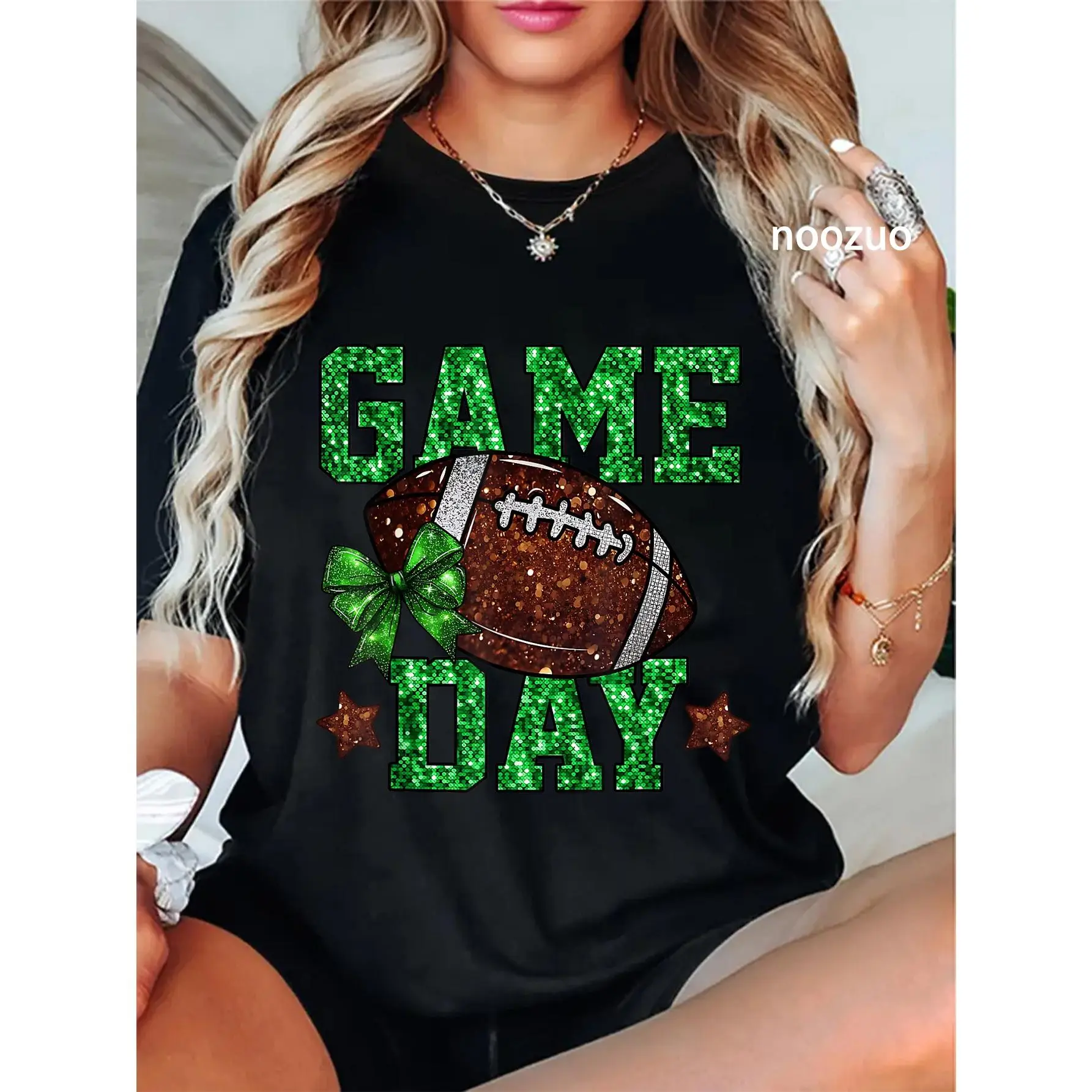 100% Cotton Game Day Touchdown Football Mom Girls Go Cheer Green T-Shirt