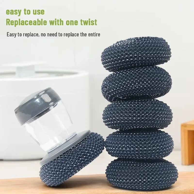 Press-Type Refillable Soap Dispenser Kitchen Scrub Brush - Handheld with Replaceable PET Head for Cookware, Plates, Kitchen Clean and Sink Area