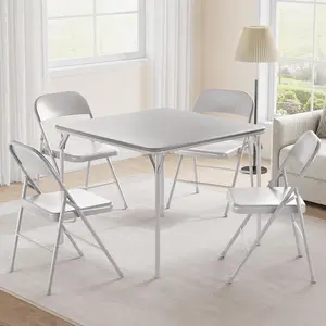 5-Piece Folding Dining Table Set for 4, Grey Foldtable Kitchen Table with Faux Leather Tabletop and 4 Padded Chairs, Space-Saving Design, Modern Square Table for Dining Room, Small Spaces