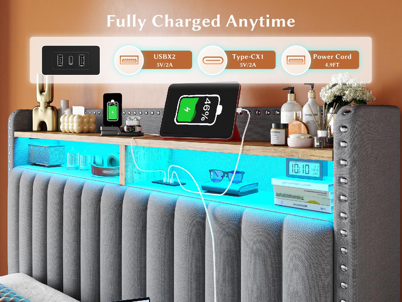 Luxury Bed Frame for Queen with 2 Storage Drawers & Shelves, MATTRESS NOT INCLUDED, Bed frame with LED &Charging Station, Queen, King, Full Size, Upholstered Platform Bed Frame with Headboard, Noise-Free