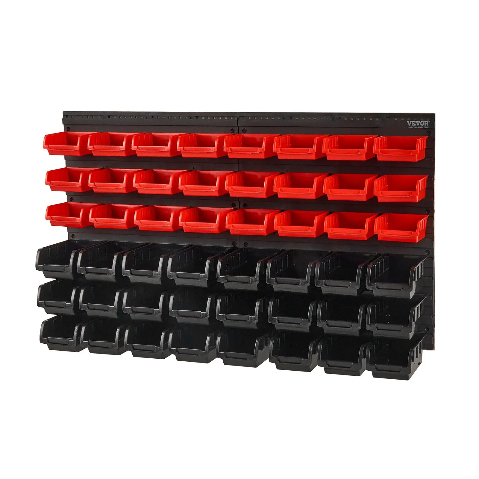Expandable Wall Mounted Storage Bins - 48-Bin Plastic Parts Rack Organizer with Wall Panels for Garage, Shop; Holds Nuts, Bolts, Screws, Nails, Small Craft Parts, Black and Red Tool Organizer