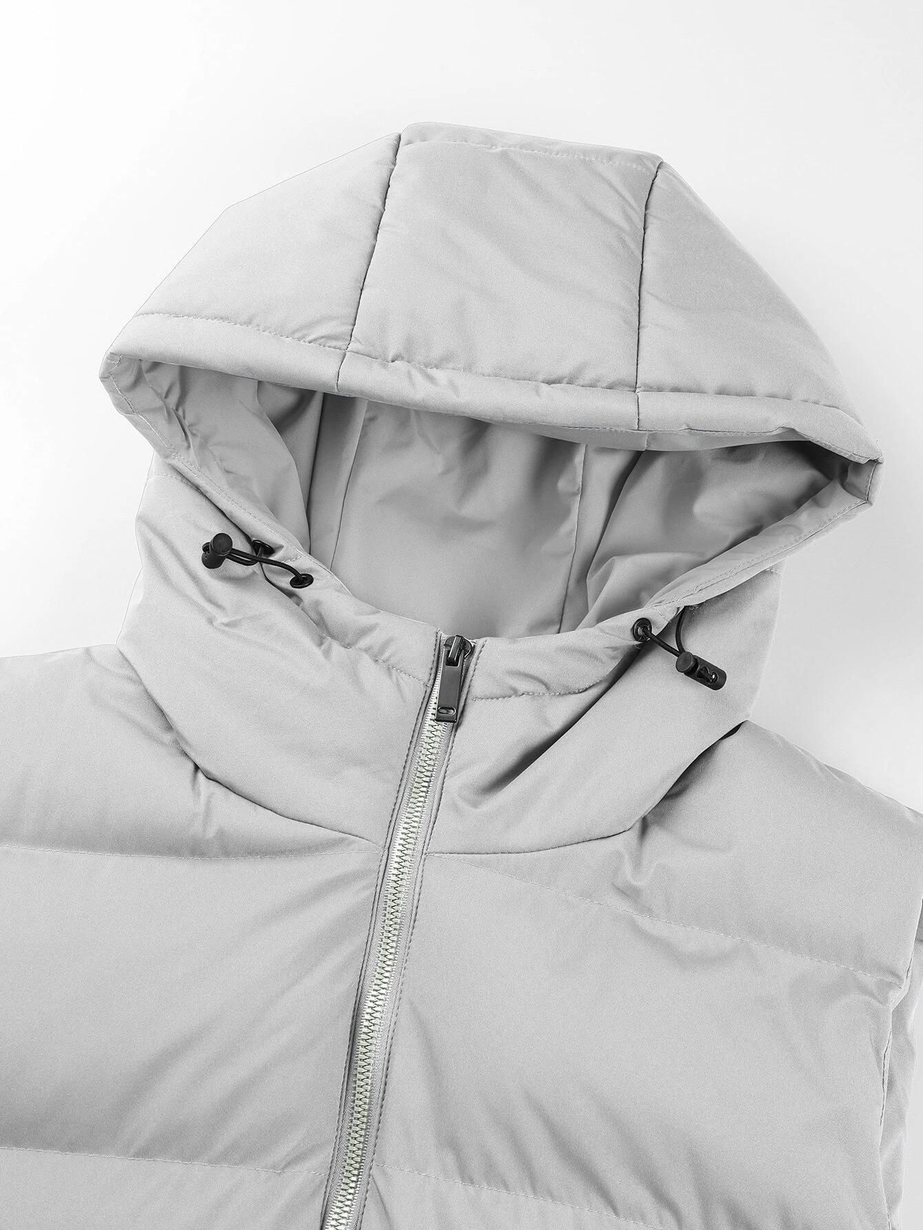 Men's Padded Hooded Vest, Casual Sleeveless Plain Polyester Top, Fitted Style with Adjustable Drawstrings and Red Zipper, Machine Washable, Tops, Pull On, Overall, Hood Fits Your Size, Simple Style, Easy To Style