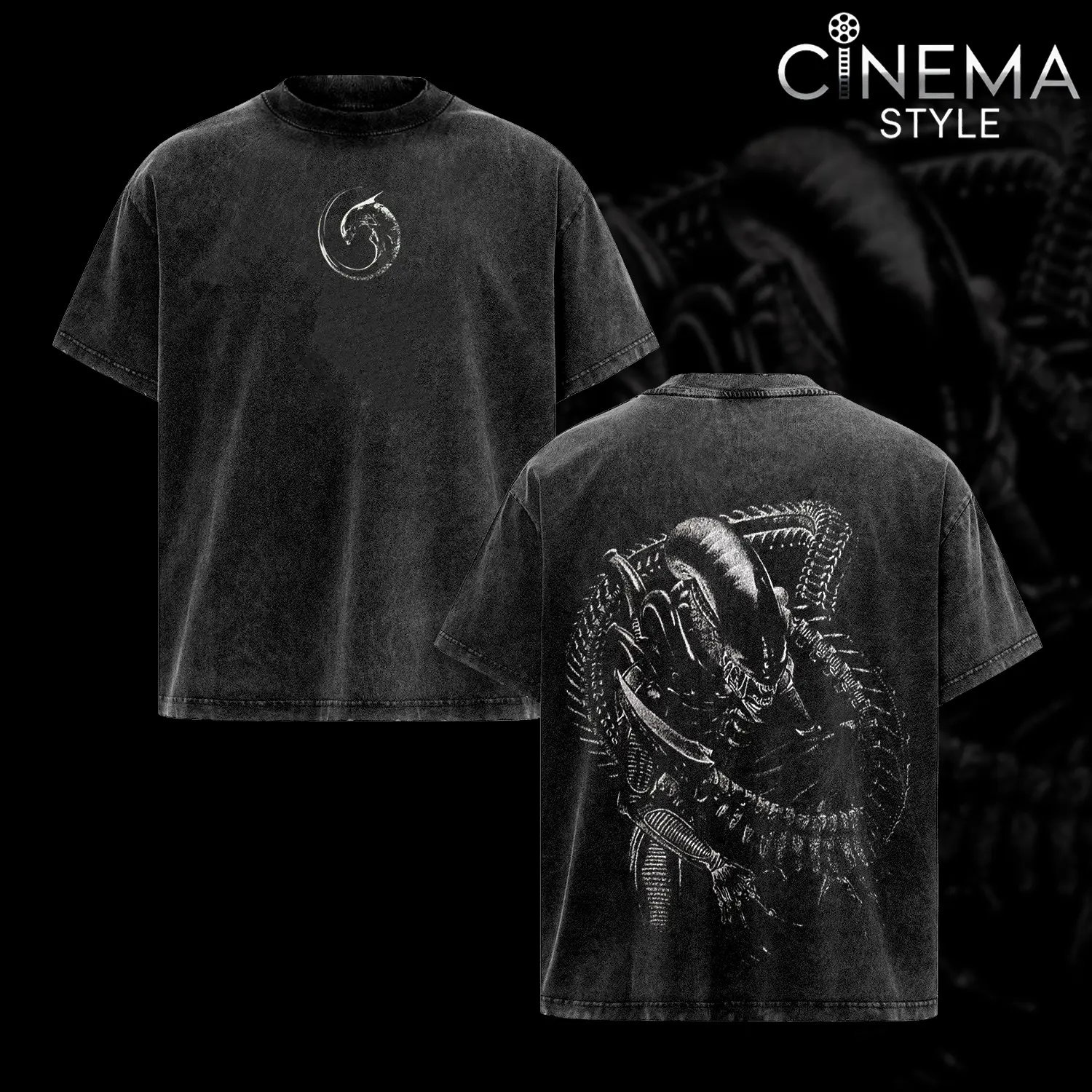 Xenomorph Acid-Washed Cotton T-Shirt, Vintage Graphic Tee for Fans of the Series Alien, Top Streetwear Cotton Design for Men and Women, Unisex T-Shirt Hot