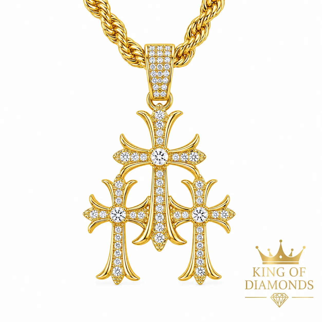 Unisex Triple Cross Statement Crucifix Necklace with Rhinestones - 24in Rope Cross Chain, Metal-Coated Chain Jewelry Necklaces for Casual Wear & Photoshoots