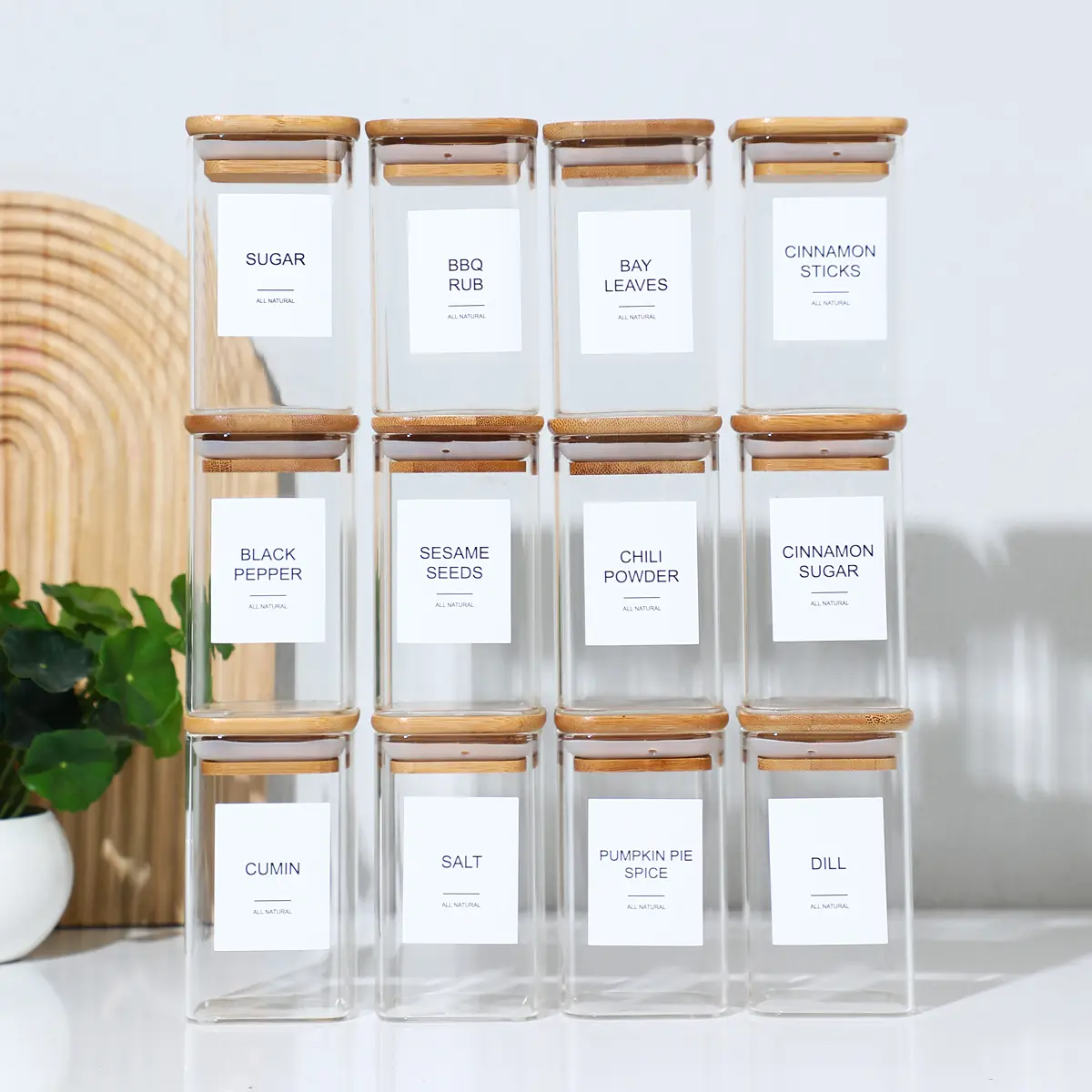 12/18/24 Pack, Airtight Glass Spice Jars withLids,Pcs Glass Food Storage Jars Square 8oz,Glass Jars With Bamboo Lids,StorageContainers For Kitchen