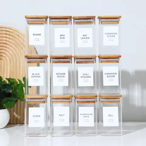 8oz 105mm Square Airtight Glass Spice Jars with Bamboo Lids - 12/18/24 Bulk Airtight Container Set, Empty Seasoning Jars, Kitchen Storage Organizers, Wipe-Clean Canisters for Powder, Grains, Nuts, Square Glass Containers With Lids