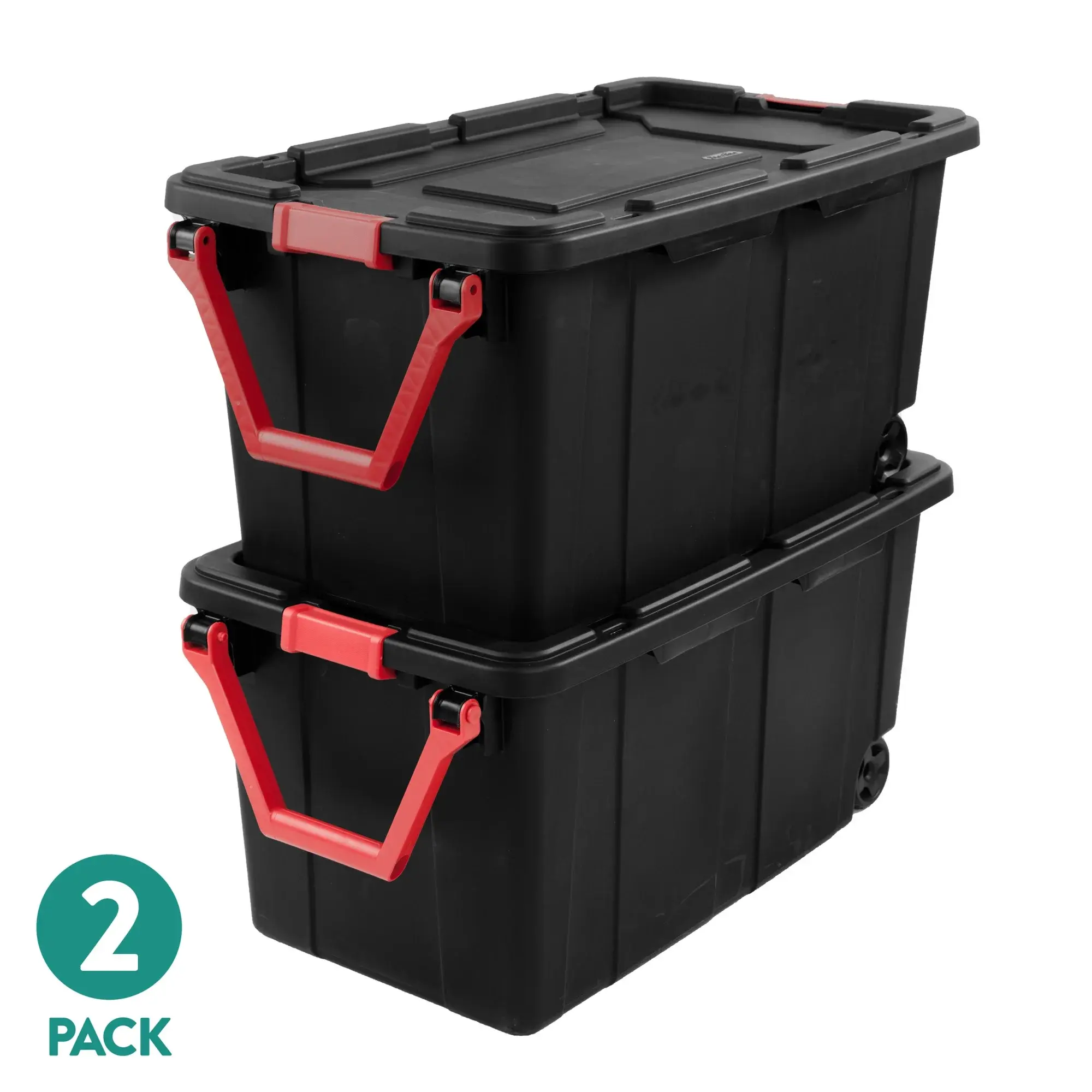 Sterilite Extra-Large Wheeled Industrial Storage Bin, 40-Gal Durable Plastic Tote with Latching Lid & Pull Handle, 2-Pack Home Organizer Storage Bin with Lid