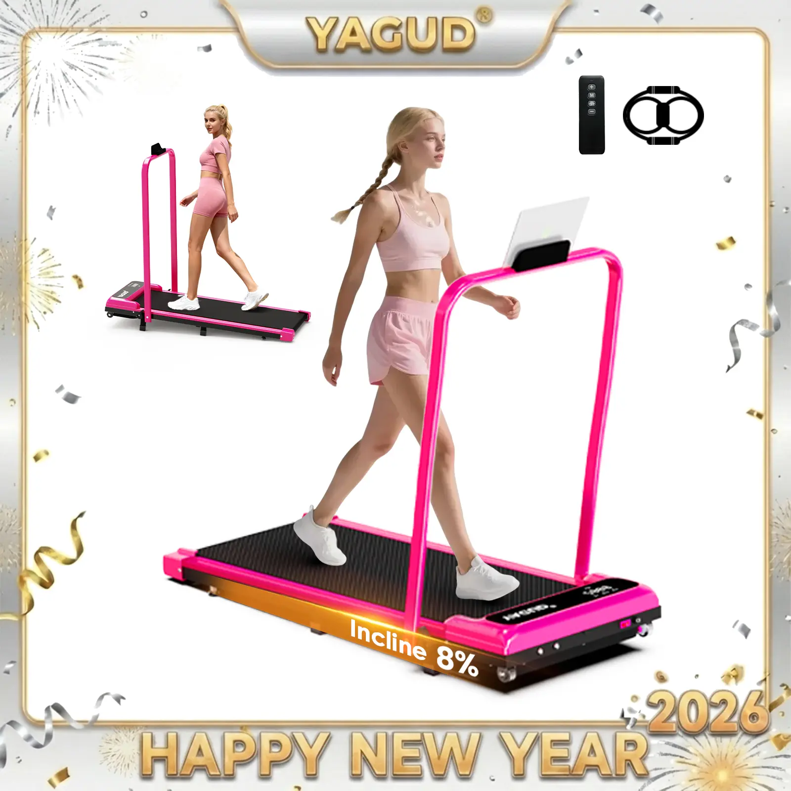 【LIVE ONLY】 HOT PINK! Foldable Walking Pad Treadmill by YAGUD, Low-Noise Motor, 265 lb Capacity, Dual Shock Absorption, Remote Control with Wheels, Includes Free Resistance Bands SpringStatements