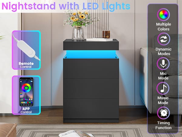 Sikaic Nightstand with LED Lights Charging Station Modern Bedside Table with 3 Storage Drawers and Top Sliding Drawer