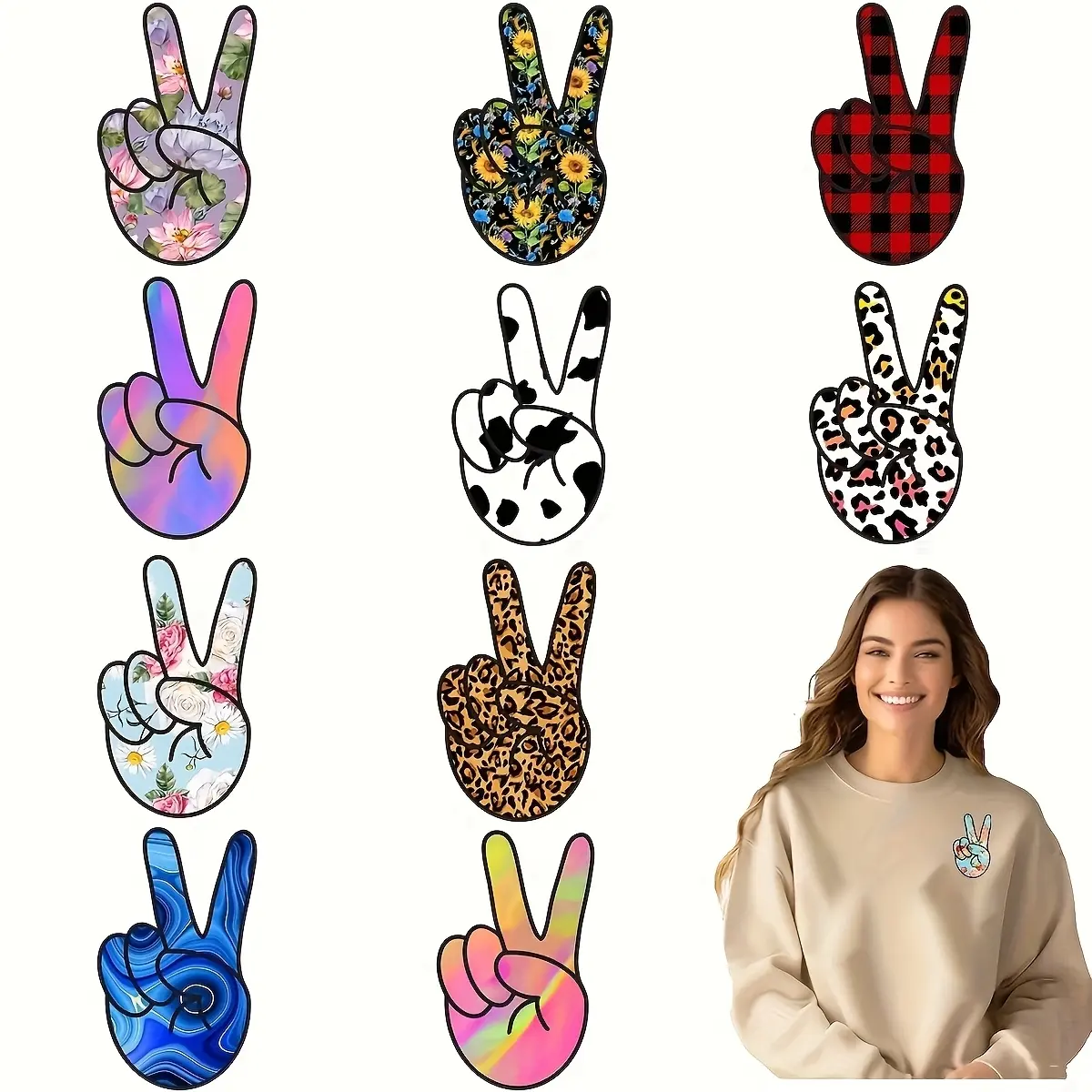12-Piece Peace Sign Iron-On Transfer Patches, Vibrant Colorful DIY Heat Transfer Stickers for T-Shirts, Masks, Jeans & Backpacks