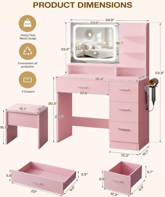 WeCharmer Vanity Desk Set with Round Mirror, Vanity with Lights, Makeup Vanity with Mirror, 3 Lighting Modes, for Bedroom Furniture Table Storage Drawer Modern Design Organizing