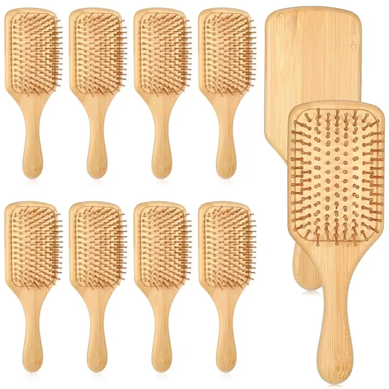 10pcs Bulk Pack Unisex Bamboo Wood Hair Brushes - Anti-Static Detangling Paddle Brushes with Wood Bristles & Bamboo Handles, Gentle Scalp Massage, Travel-Friendly for Gym Use & Daily Care